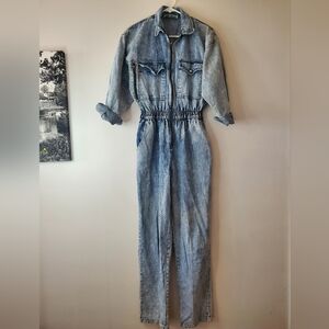 Womens Vintage Saint Germain Paris Acid Wash Denim Longsleeve Jumpsuit S/M